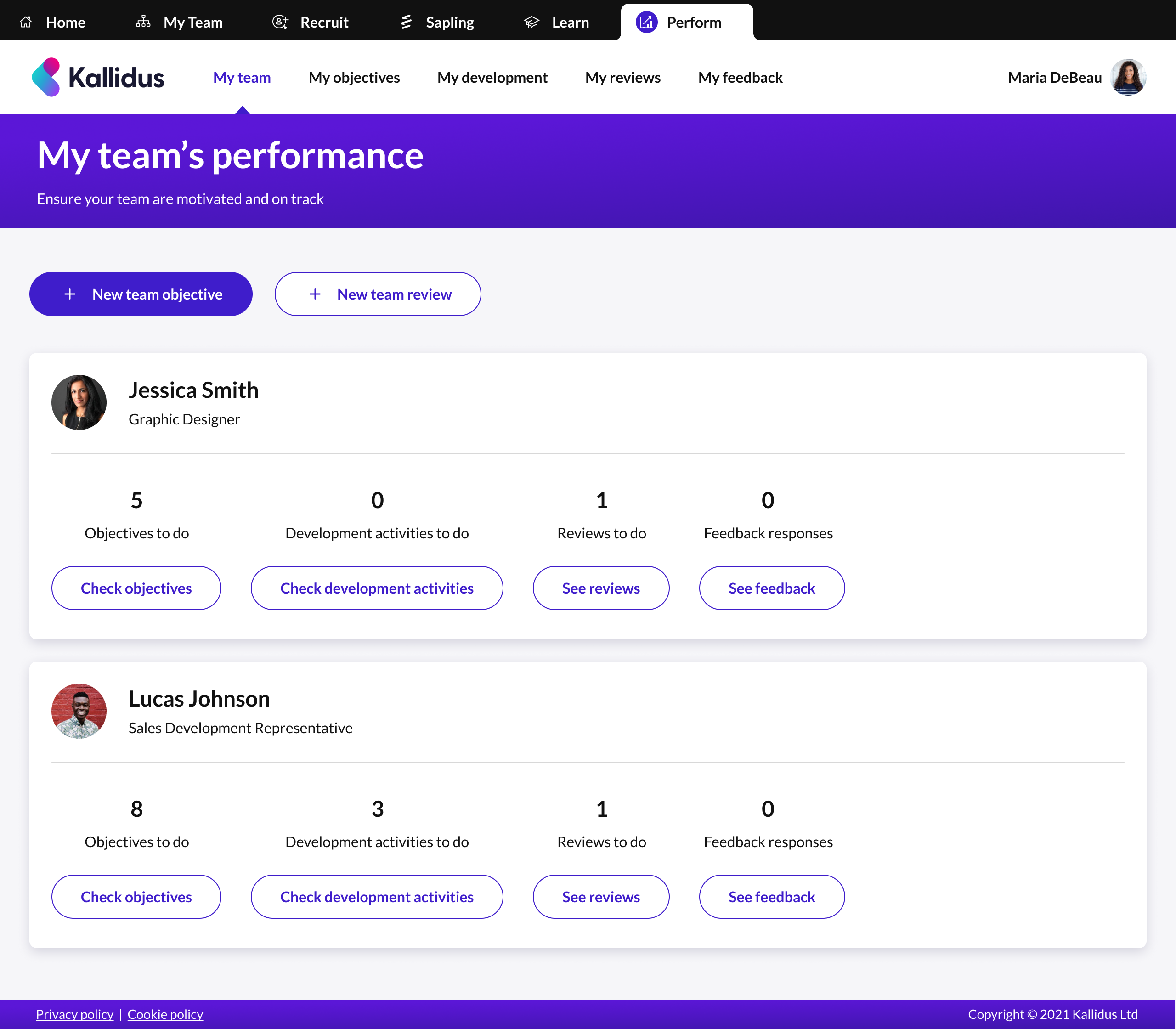 screenshot of Kallidus Perform